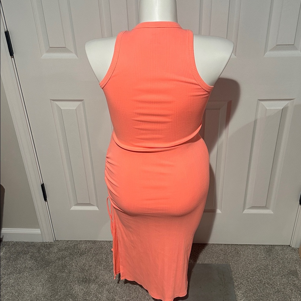 Aerie Neon Orange Ruched Ribbed Midi Dress with side slit size small‎ - Picture 7 of 7